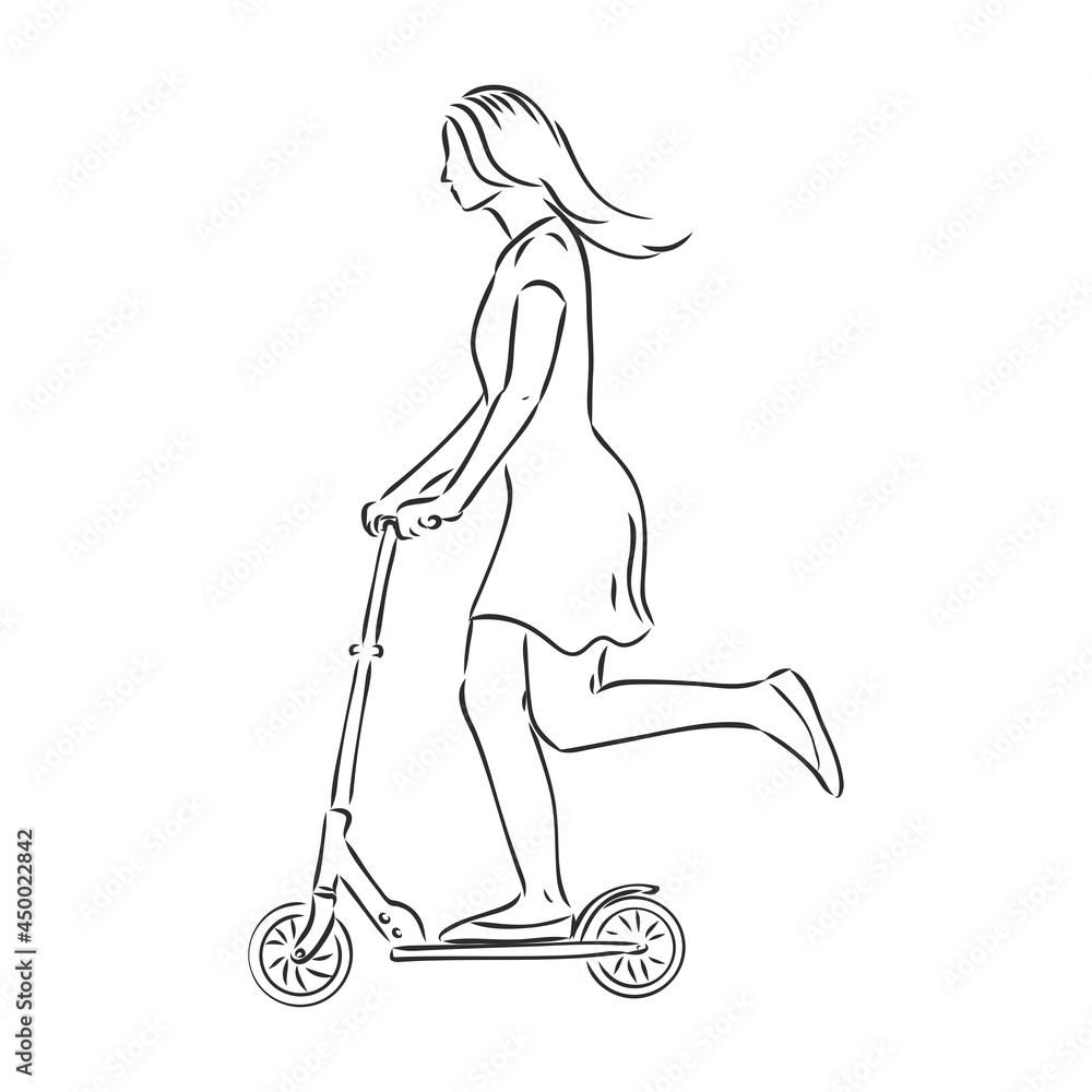 Continuous line woman rides an electric scooter with raised leg Continuous line woman rides an electric scooter with raised leg
