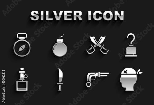 Set Pirate sword, hook, captain, Vintage pistols, Alcohol drink Rum, Crossed pirate swords, Compass and Bomb ready explode icon. Vector