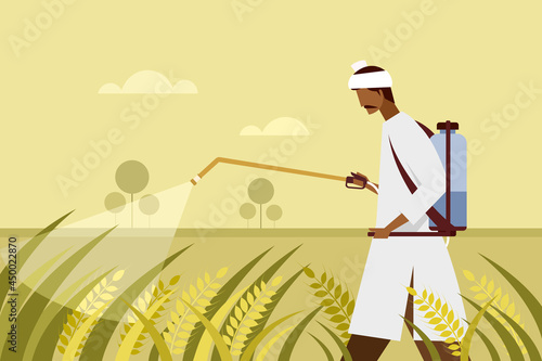 Illustration of an Indian farmer spraying pesticide in the agricultural field