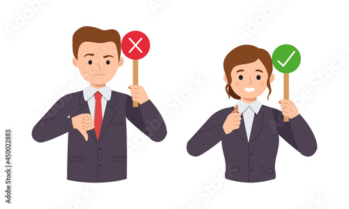 Male and female in business suit shows yes or no signs