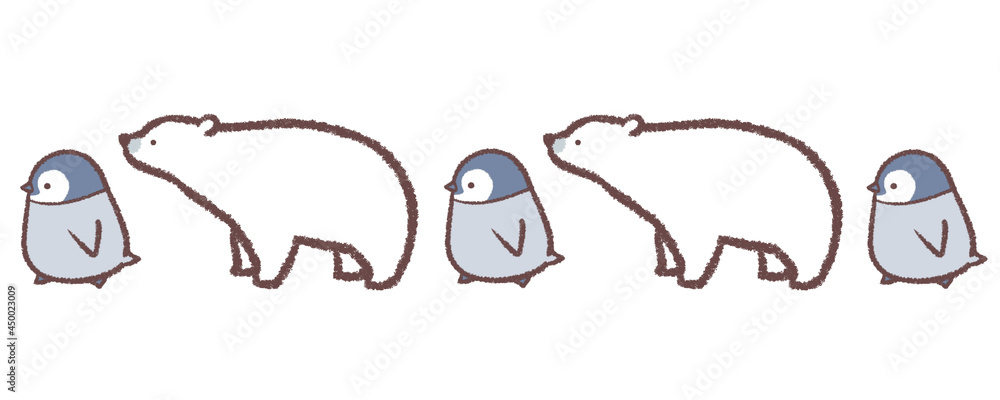 Fototapeta premium シロクマとペンギンヒナのライン