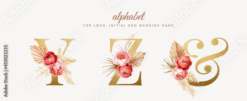 set watercolor boho floral alphabet with golden letter