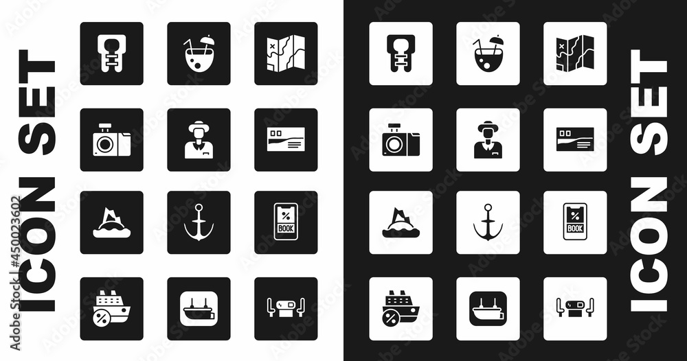 Set Folded map, Tourist, Photo camera, Life jacket, Postcard travel, Coconut cocktail, Cruise ticket and Tropical island in ocean icon. Vector Set Folded map, Tourist, Photo camera, Life jacket, Postcard travel, Coconut cocktail, Cruise ticket and Tropical island in ocean icon. Vector