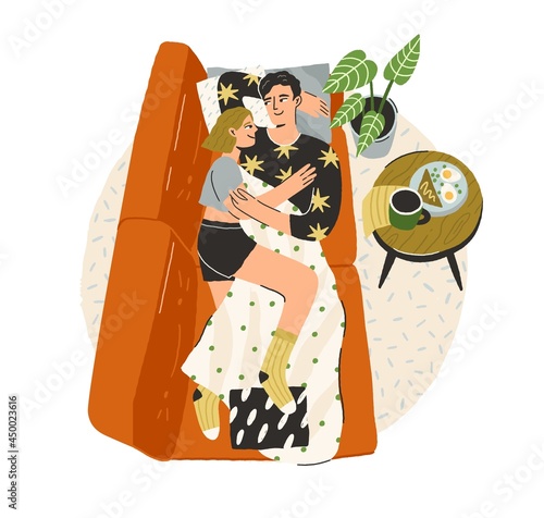 Love couple relaxing on sofa at home. Young happy man and woman lying on couch and hugging in cozy living room. Romantic valentines resting. Flat vector illustration isolated on white background