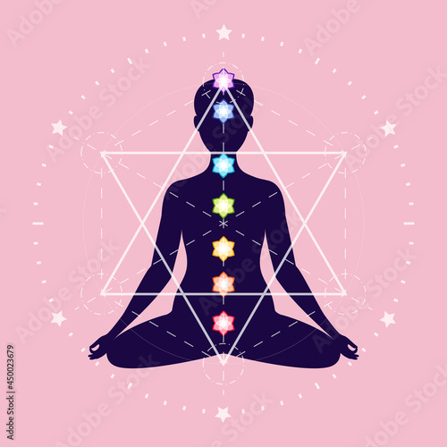 Seven chakras on meditating yogi silhouette of a woman sitting in the lotus position