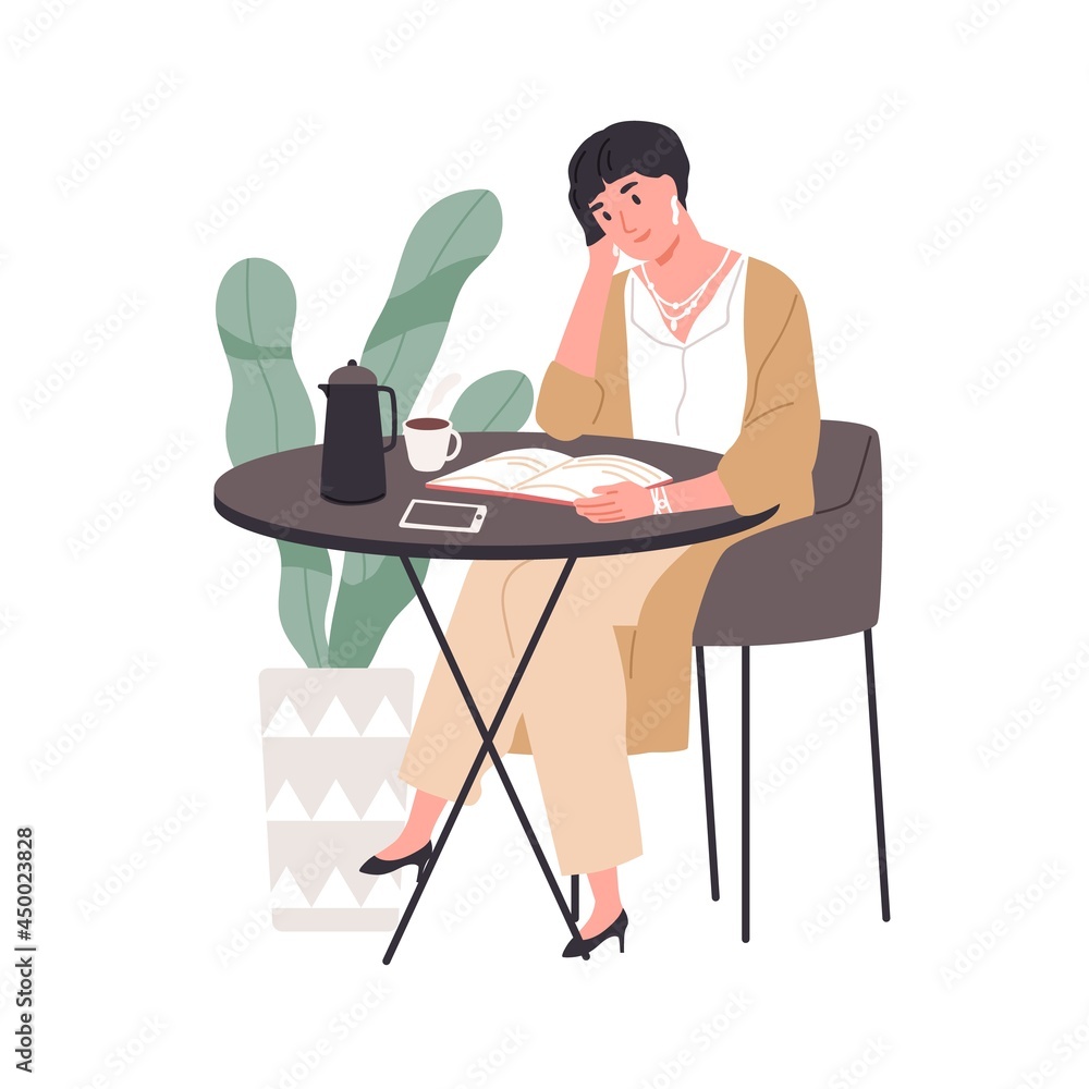 Woman reading fiction literature in cafe. Book reader resting and enjoying novel and tea cup at table in coffee shop at leisure time. Flat vector illustration isolated on white background Woman reading fiction literature in cafe. Book reader resting and enjoying novel and tea cup at table in coffee shop at leisure time. Flat vector illustration isolated on white background