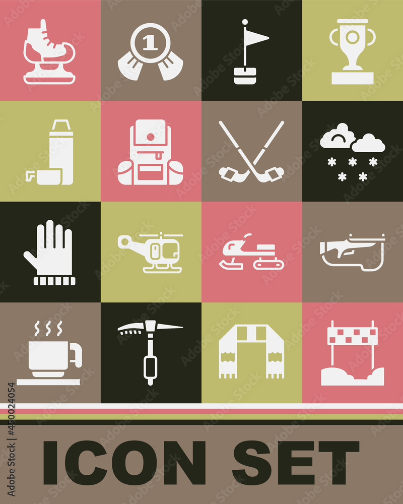 Set Ribbon in finishing line, Biathlon rifle, Cloud with snow, Location marker, Hiking backpack, Thermos container, Skates and Ice hockey sticks icon. Vector Set Ribbon in finishing line, Biathlon rifle, Cloud with snow, Location marker, Hiking backpack, Thermos container, Skates and Ice hockey sticks icon. Vector