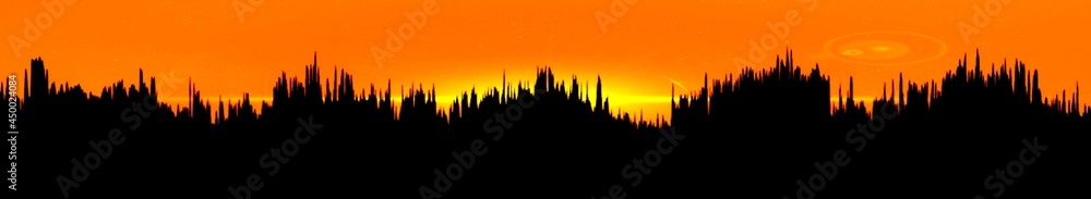 extra wide panoramic silhouette of a huge futuristic city skyline and creative orange and red sunsets