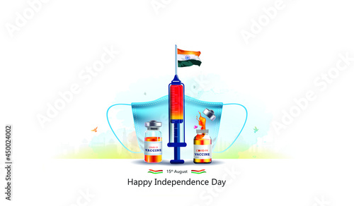 15 August Indian independence day celebration concept with medical mask and corona covid 19 vaccine