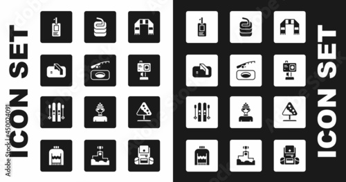 Set Winter scarf, fishing, Ice hockey goal, Identification badge, Action camera, Stone for curling, Road sign avalanches and Ski and sticks icon. Vector