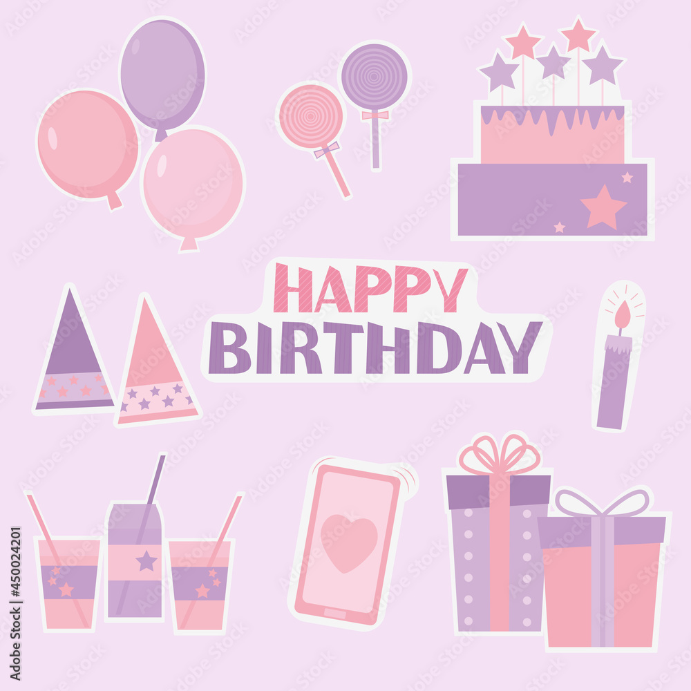 Cartoon set for a girl's birthday party. Sweet festive candies, colorful balloons and birthday gifts, cups with a straw, caps, a delicious dessert cake. A set of isolated vector illustrations of signs Cartoon set for a girl's birthday party. Sweet festive candies, colorful balloons and birthday gifts, cups with a straw, caps, a delicious dessert cake. A set of isolated vector illustrations of signs