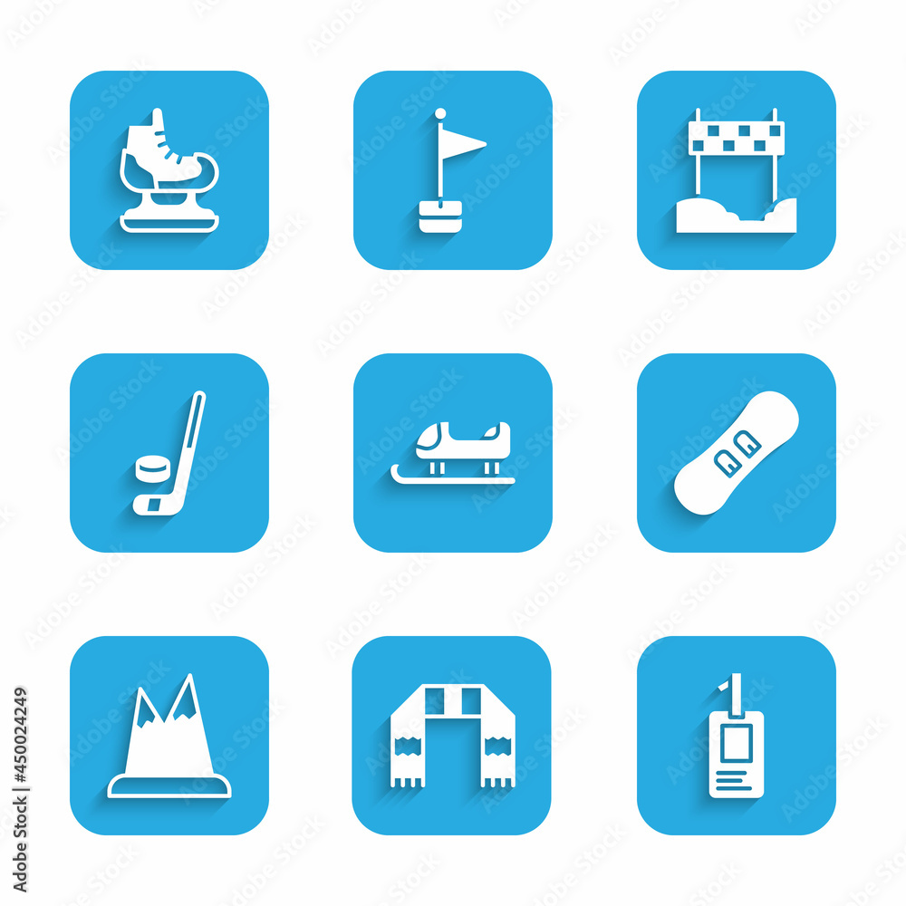 Set Sled, Winter scarf, Identification badge, Snowboard, Mountains, Ice hockey stick and puck, Ribbon finishing line and Skates icon. Vector Set Sled, Winter scarf, Identification badge, Snowboard, Mountains, Ice hockey stick and puck, Ribbon finishing line and Skates icon. Vector