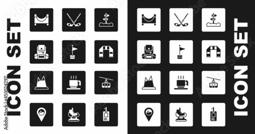 Set Road traffic signpost, Location marker, Hiking backpack, Skate park, Winter scarf, Ice hockey sticks, Cable and Mountains icon. Vector