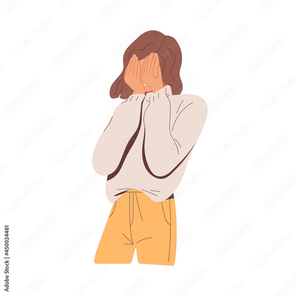 Embarrassed woman hiding her face out of shame. Shy person regret smth. and covering her eyes with palms. Unhappy female feeling frustration. Flat vector illustration isolated on white background Embarrassed woman hiding her face out of shame. Shy person regret smth. and covering her eyes with palms. Unhappy female feeling frustration. Flat vector illustration isolated on white background