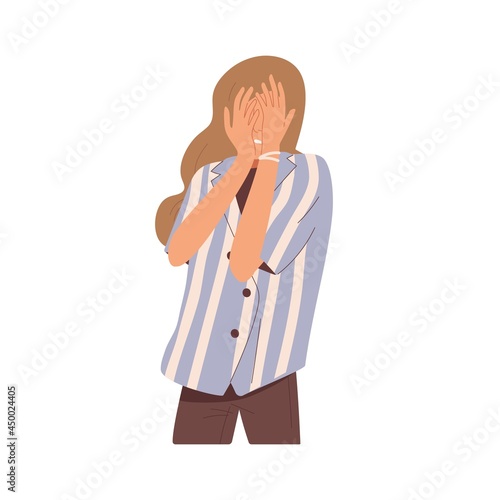 Shy embarrassed woman hiding face out of shame. Frightened person feeling fear. Disappointed female. Expression of negative emotions after fail. Flat vector illustration isolated on white background