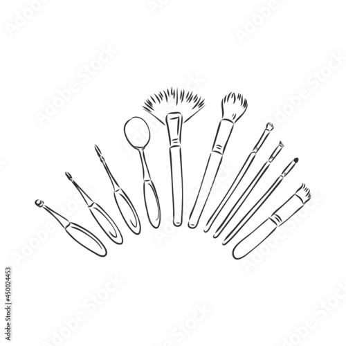 Makeup brushes kit. Hand drawn vector set. isolated.
