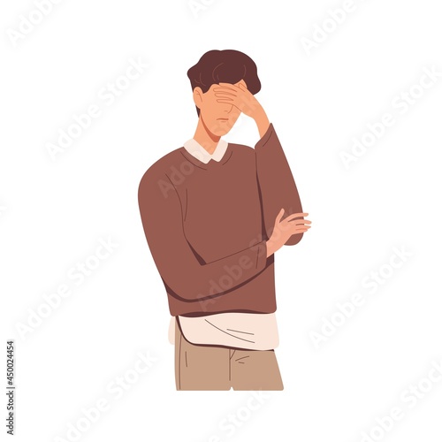 Disappointed man with facepalm gesture, feeling shame. Person with hand at forehead regret fail. Face palm of ashamed and upset human after failure. Flat vector illustration isolated on white