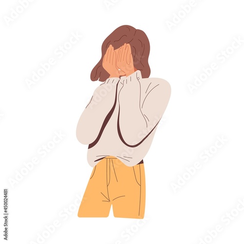Embarrassed woman hiding her face out of shame. Shy person regret smth. and covering her eyes with palms. Unhappy female feeling frustration. Flat vector illustration isolated on white background