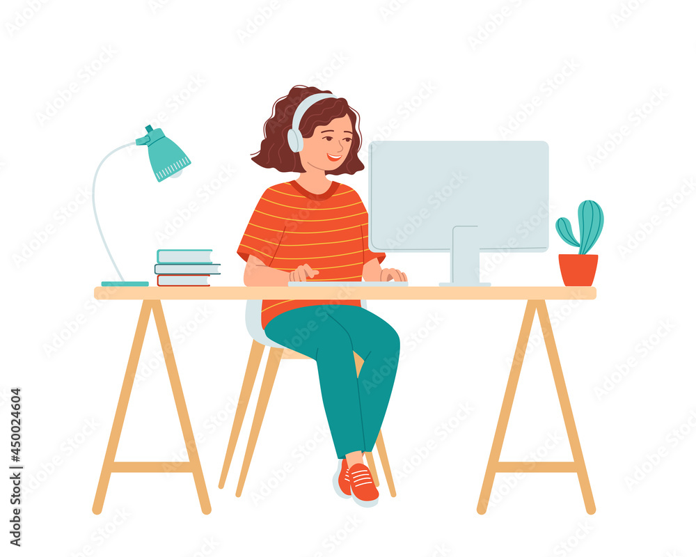 Girl teenager in headphones sits at the computer. Schoolgirl is study online, doing homework. Concept distance education. E-learning. Remote schooling. Isolated on white vector illustration Girl teenager in headphones sits at the computer. Schoolgirl is study online, doing homework. Concept distance education. E-learning. Remote schooling. Isolated on white vector illustration