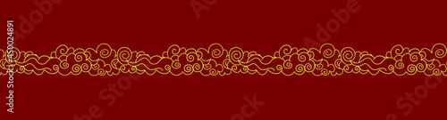 Vector Seamless Golden Clouds on Red Background, Golden Outline Illustration on Red Background, Luxury Design Element, Border Template. 