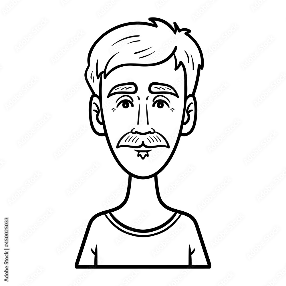 Men avatar with mustache. comic, outline, isolated, monochrome.