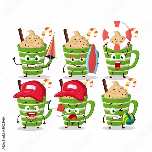 Happy Face frappe chocolate cartoon character playing on a beach