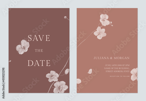 Minimalist floral wedding invitation card template, monochrome golden shower flowers  and leaves in beige tone