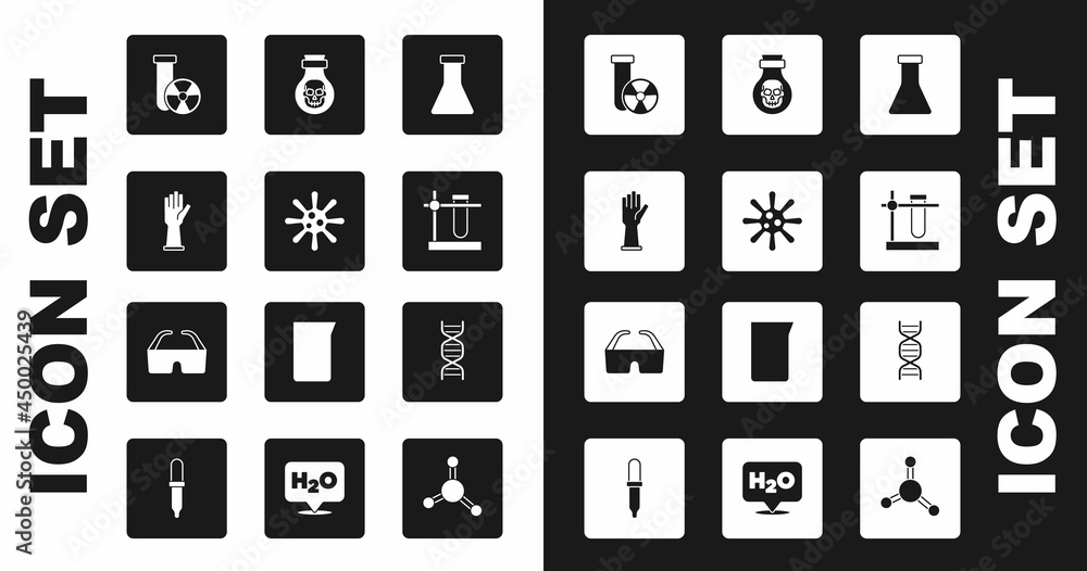 Set Test tube and flask, Bacteria, Medical rubber gloves, radiation, stand, Poison in bottle, DNA symbol and Safety goggle glasses icon. Vector Set Test tube and flask, Bacteria, Medical rubber gloves, radiation, stand, Poison in bottle, DNA symbol and Safety goggle glasses icon. Vector