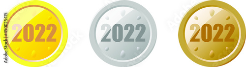 2022年が描かれた金銀銅のコイン　ベクターセット