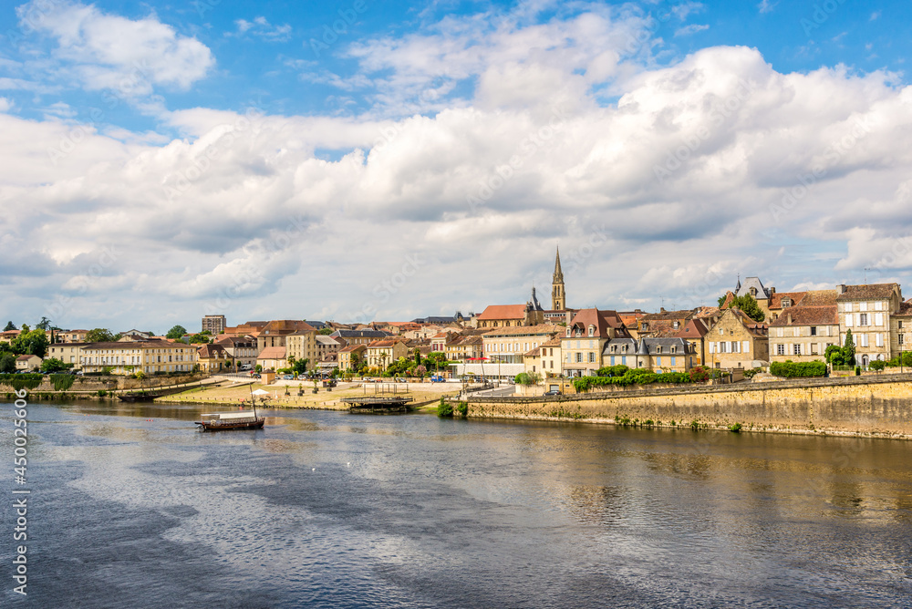 View at the Bergerac town from bridge over Dordogne river - France