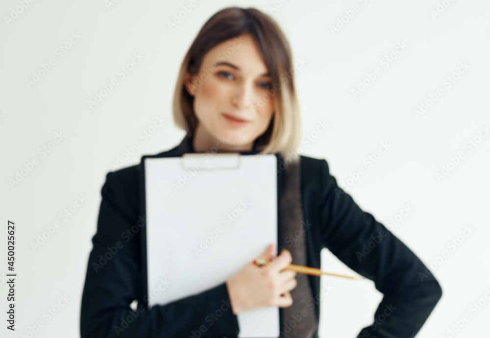 Business woman with folder in hand copy space studio Business woman with folder in hand copy space studio