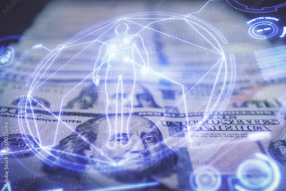 Double exposure of education theme drawing over usa dollars bill background. Concept of study.