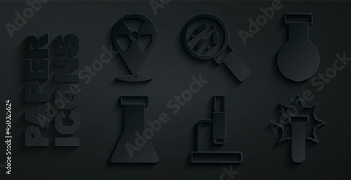 Set Microscope, Test tube and flask, Chemical explosion, Microorganisms under magnifier and Radioactive in location icon. Vector