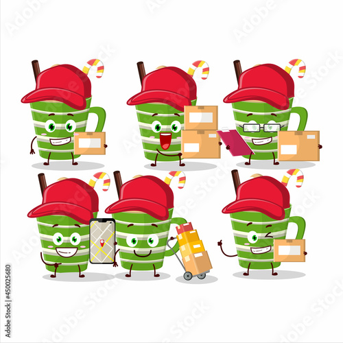 Cartoon character design of frappe chocolate working as a courier