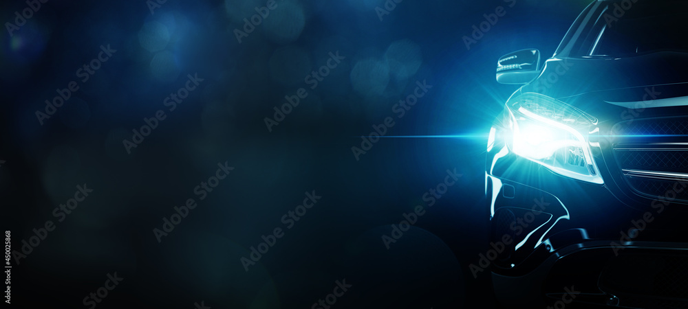 Front view of car concept. Modern sports car with lens flare on black bokeh background. - obrazy, fototapety, plakaty 