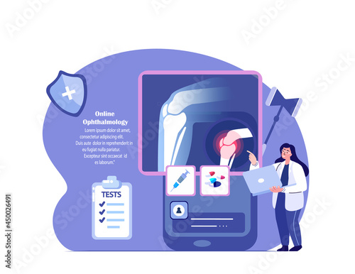 Scientist,traumatologist orthopedist Doctor Examine Knee Joint Pain.Arthoplasty,Osteoarthritis.Rheumatology Research.Smartphone Bones X Ray Radiography,Rontgen.Medical Diagnostics Vector Illustration photo