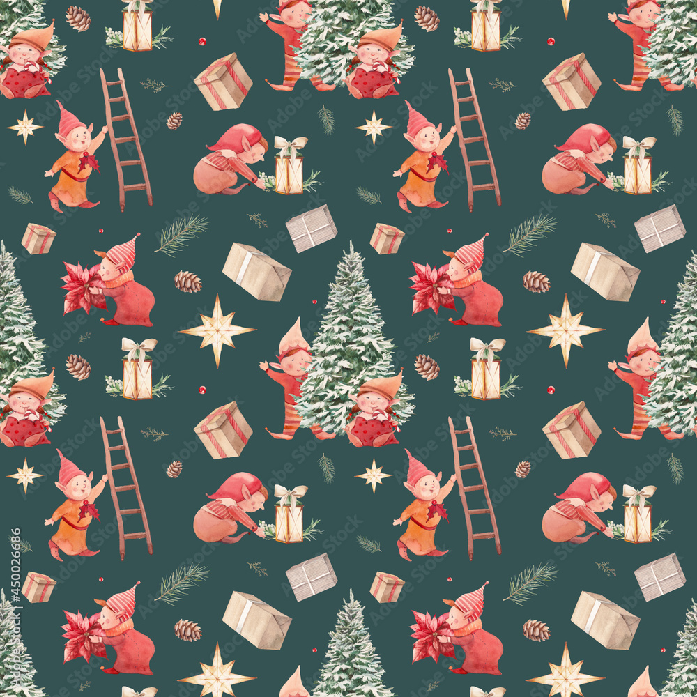 Watercolor Christmas seamless pattern: Santa Claus elves with decorative items. Hand drawn cartoon surface design on green background Watercolor Christmas seamless pattern: Santa Claus elves with decorative items. Hand drawn cartoon surface design on green background