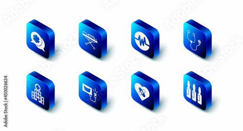 Set Stretcher, Heart rate, Stethoscope, Medical vial, ampoule, Healed broken heart, Ultrasound, hospital building and Dialogue with the doctor icon. Vector