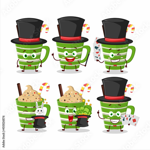 A frappe chocolate Magician cartoon character perform on a stage