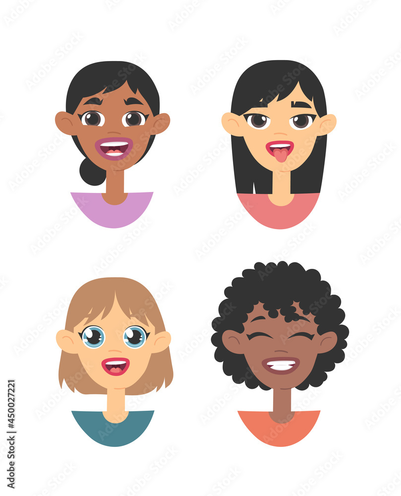 Set of emotional women emoji. Cartoon style illustration female emoticon. Isolated Hand drawn vector facial expression. Gestures Collection Expressing Different Emotions Set of emotional women emoji. Cartoon style illustration female emoticon. Isolated Hand drawn vector facial expression. Gestures Collection Expressing Different Emotions