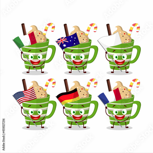 Frappe chocolate cartoon character bring the flags of various countries