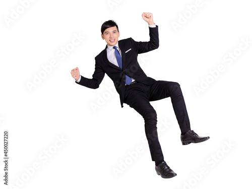Full length portrait of a businessman jumping. Businessman celebrating success isolated on white background.