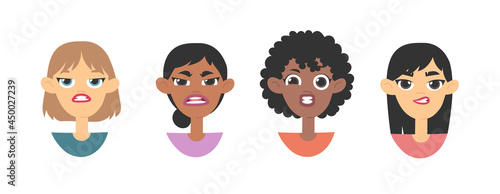 Set of emotional women emoji. Cartoon style illustration female emoticon. Isolated Hand drawn vector facial expression. Gestures Collection Expressing Different Emotions