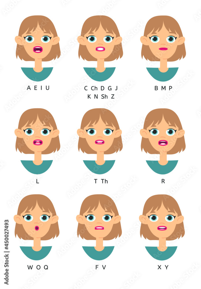 Caucasian Women lips for animation with Alphabet pronunciation. Cartoon style illustration female mouth ABC. Isolated Hand drawn vector facial expression. Gestures Collection Expressing Different soun Caucasian Women lips for animation with Alphabet pronunciation. Cartoon style illustration female mouth ABC. Isolated Hand drawn vector facial expression. Gestures Collection Expressing Different soun