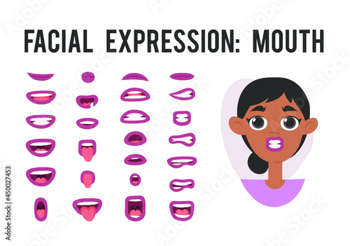 African American Women lips for animation with Alphabet pronunciation. Cartoon style illustration female mouth ABC. Isolated Hand drawn vector facial expression. Gestures Collection Expressing Differe