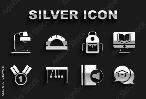 Set Pendulum, Online class, Graduation cap speech bubble, Audio book, Medal, School backpack, Table lamp and Protractor grid icon. Vector