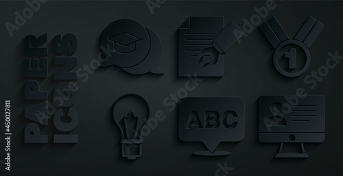 Set Alphabet, Medal, Light bulb with idea, Online class, Exam sheet and pencil and Graduation cap speech bubble icon. Vector