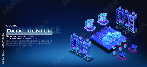 Server room with powerful processor for web hosting. Isometric concept of data center. Big data storage concept and cloud computing technology