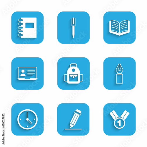 Set School backpack, Pencil with eraser, Medal, Fountain pen nib, Clock, Online class, Open book and Spiral notebook icon. Vector