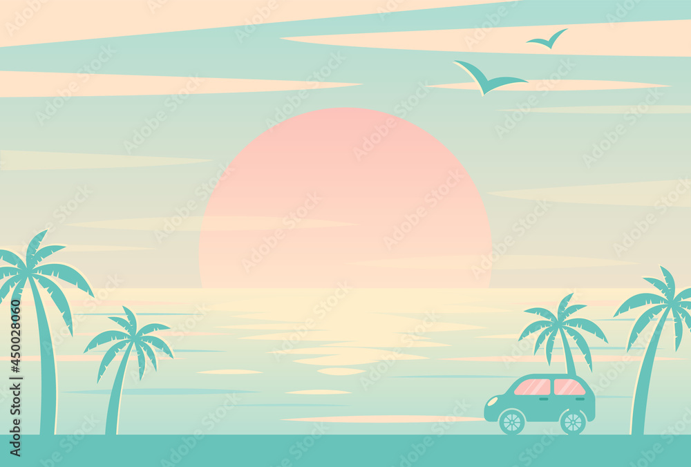 vector background with sunset on the beach with palms and a car for banners, cards, flyers, social media wallpapers, etc.